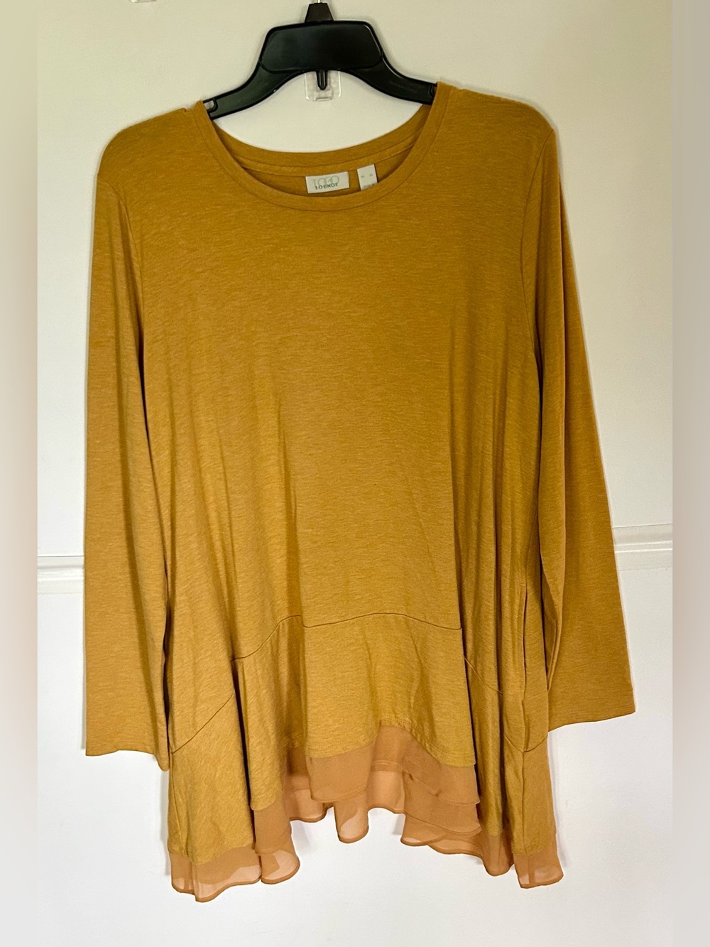 LOGO Woman’s Mustard Long-Sleeve Swing Top with Layered Sheer Hem